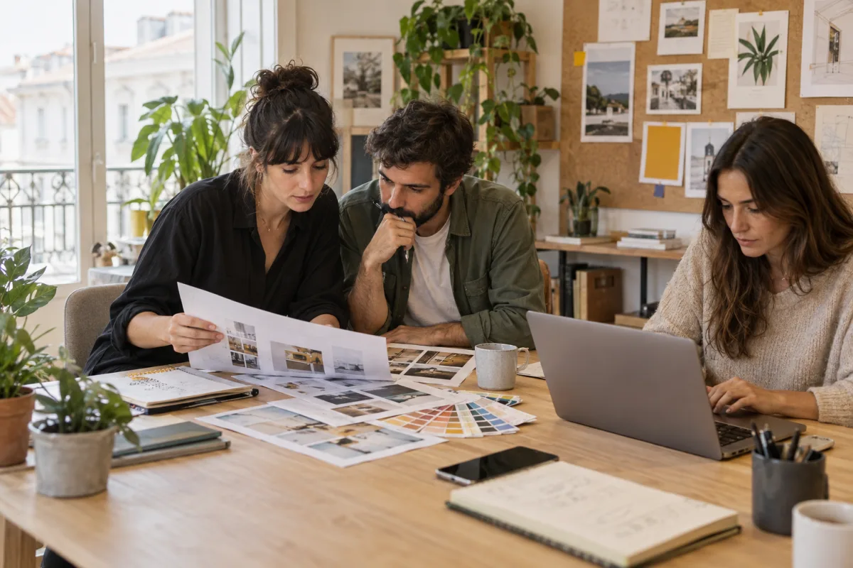 Equipa de uma agência a rever propostas visuais para um projeto de cliente.