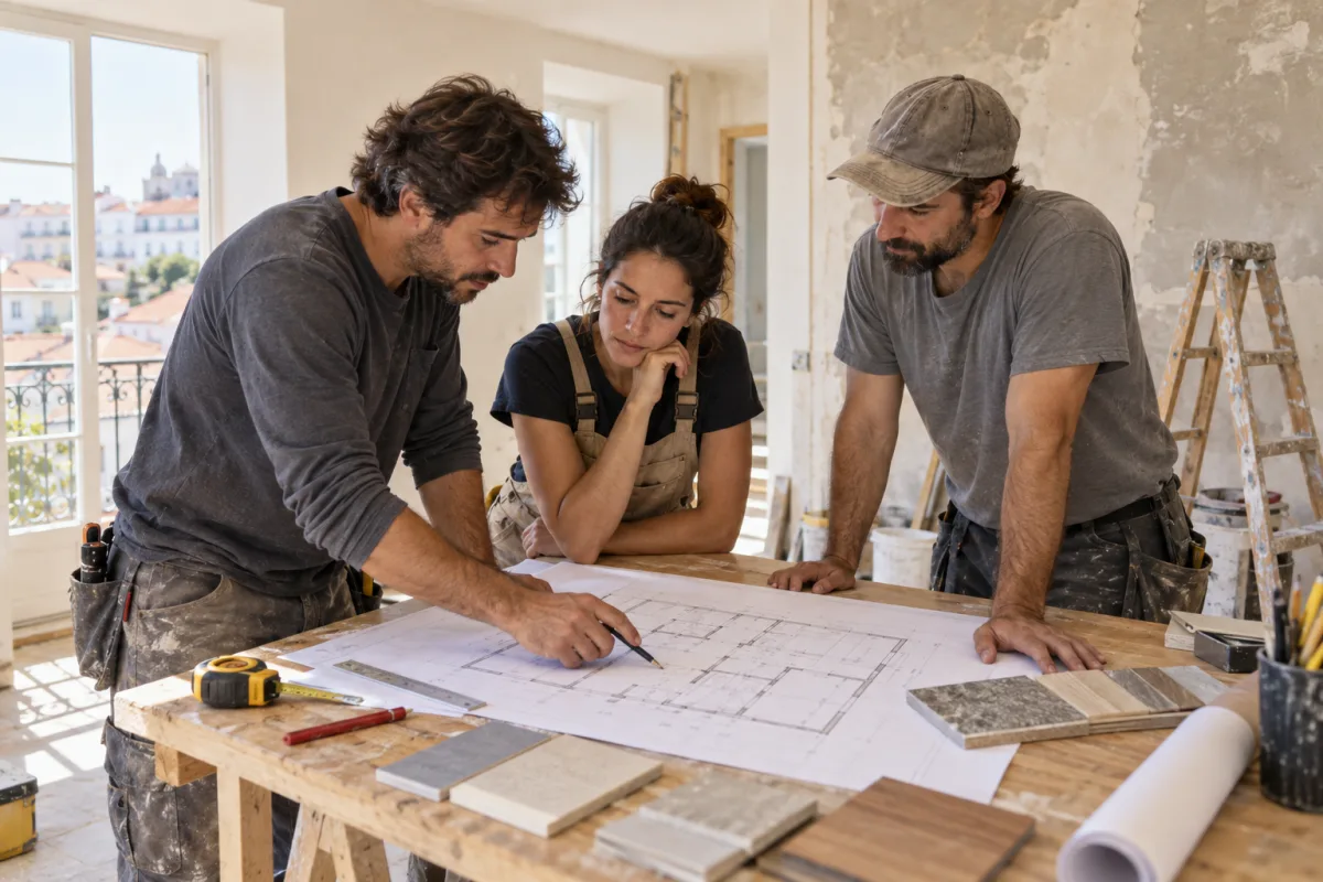 Equipa de remodelação a rever uma planta no local da obra.