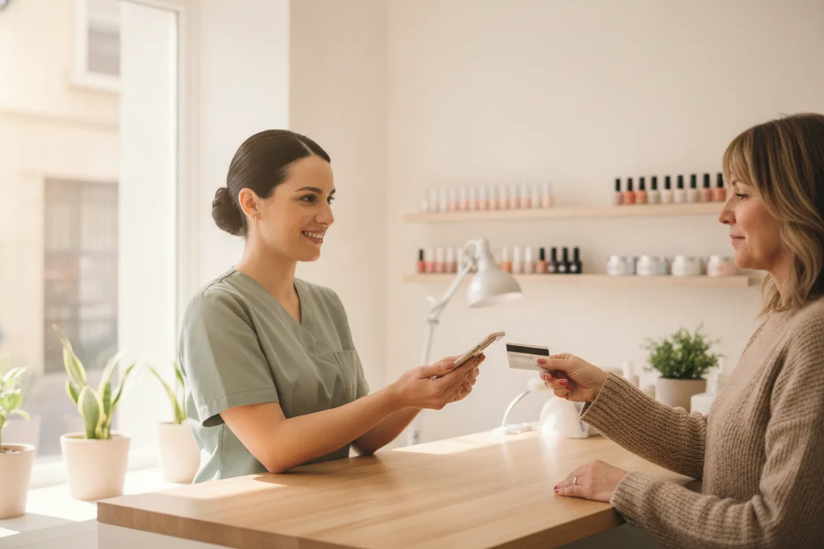 Esteticista recebe o pagamento de uma cliente com cartão, ao balcão de um estúdio de unhas em Lisboa.