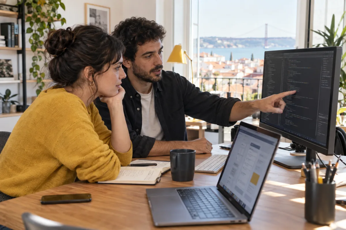 Equipa de desenvolvimento a rever uma aplicação e código num escritório em Lisboa.