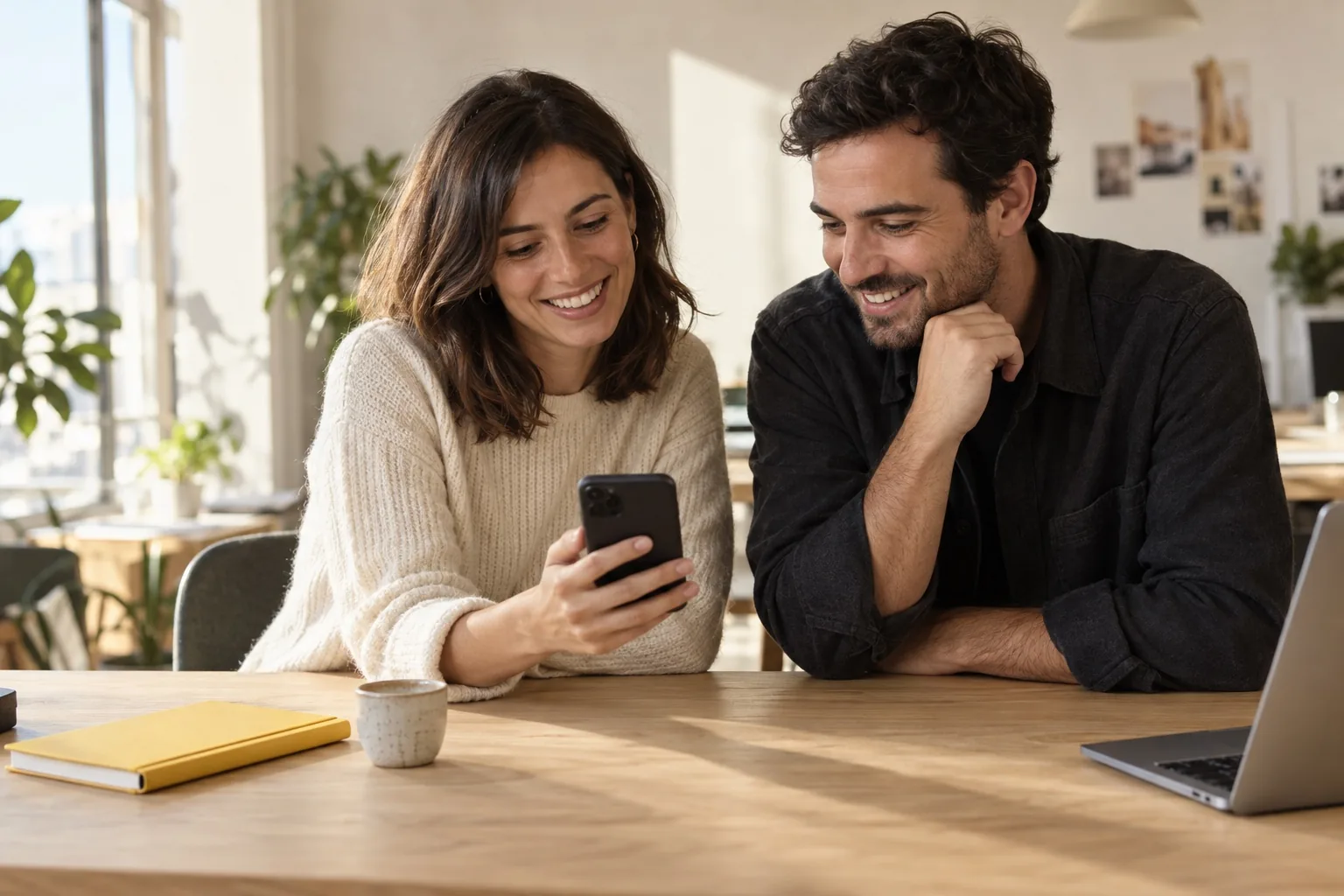 Dois colegas partilham um convite pelo telemóvel