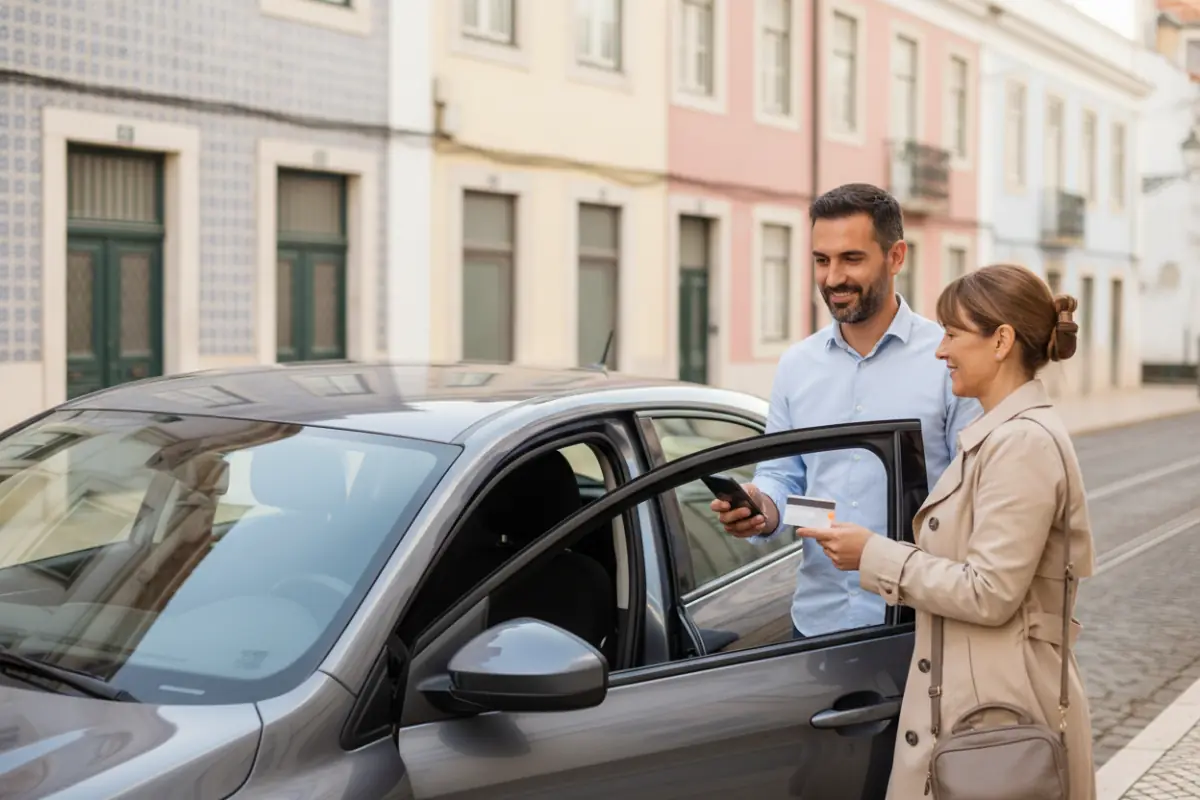 Motorista mostra o telemóvel a uma passageira, que paga com cartão por aproximação junto ao carro, numa rua de Lisboa.