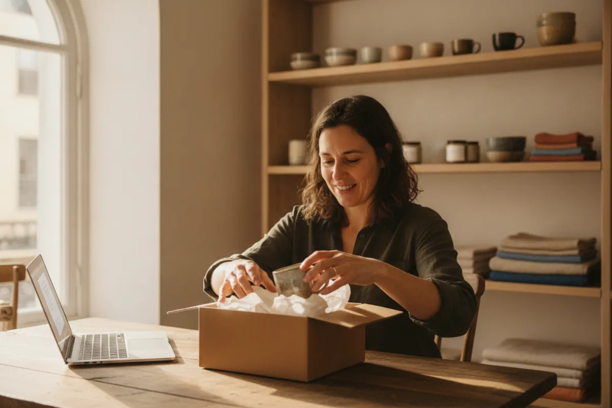Dona de uma pequena loja online embala uma caneca de cerâmica numa caixa de cartão, junto ao portátil, num atelier em Lisboa.