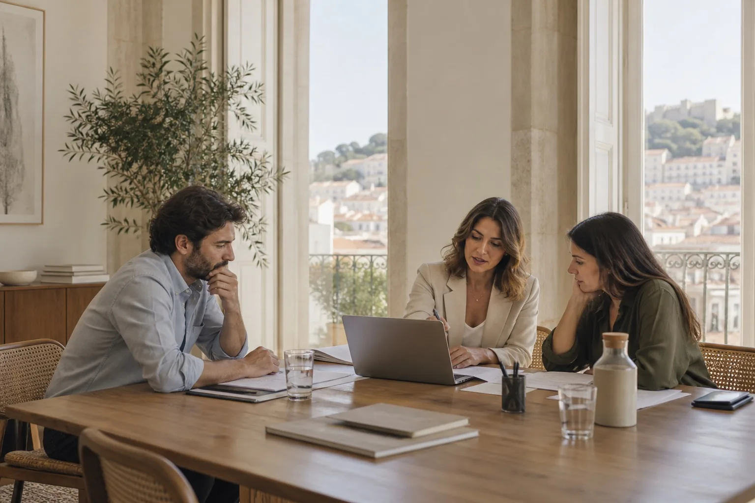 Equipa de uma empresa reunida à mesa, com um portátil, num escritório
