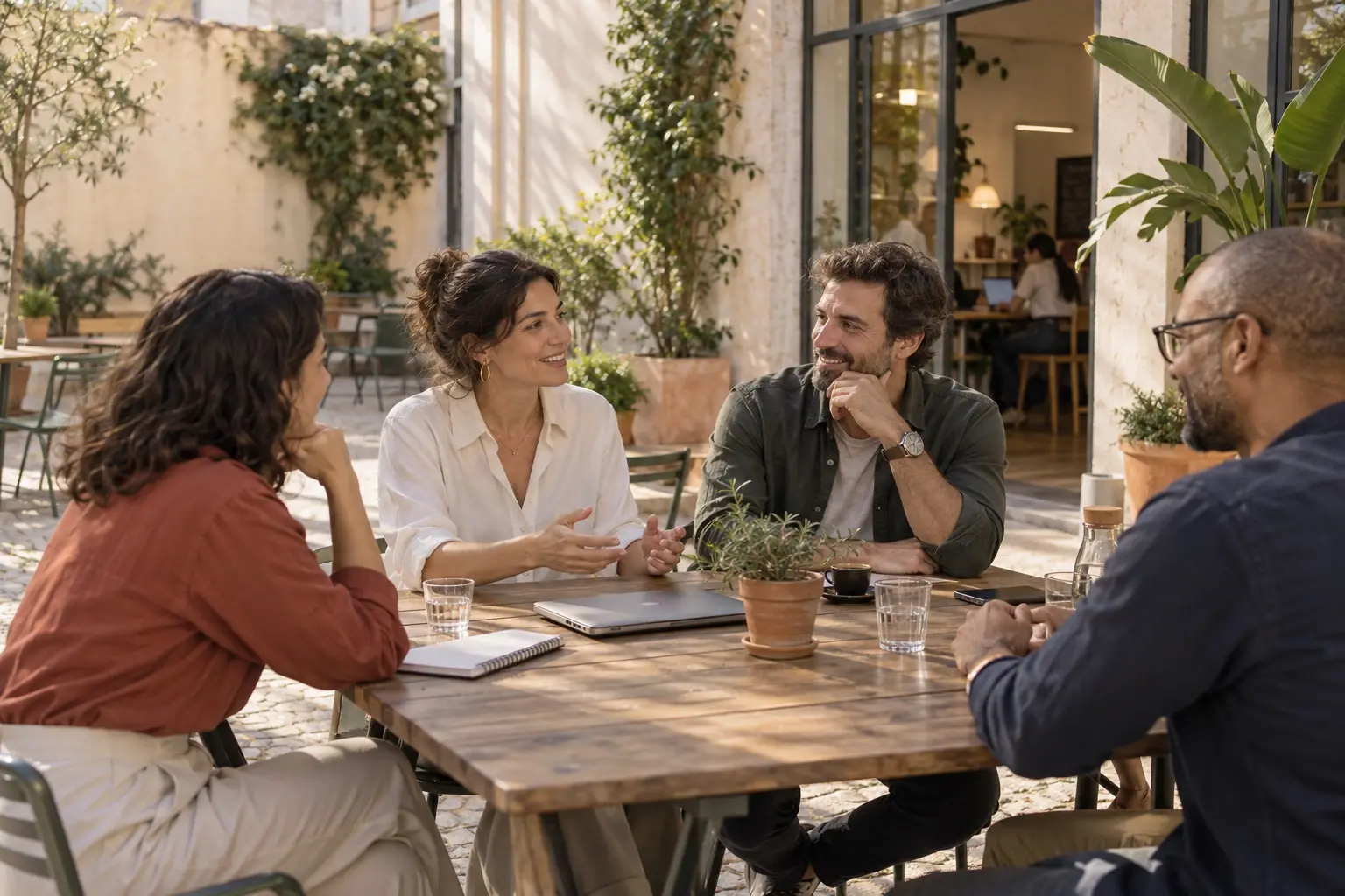 Quatro profissionais independentes conversam à mesa de uma esplanada
